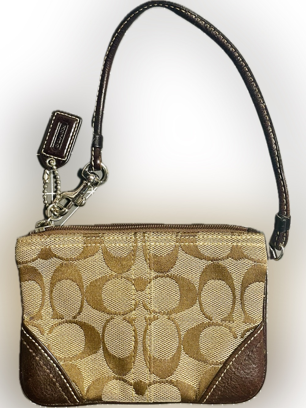 Vintage Coach Signature Canvas Zip Wristlet Card Pouch Khaki Brown